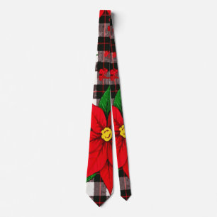 Festive Poinsettia on Black and White Plaid Tie