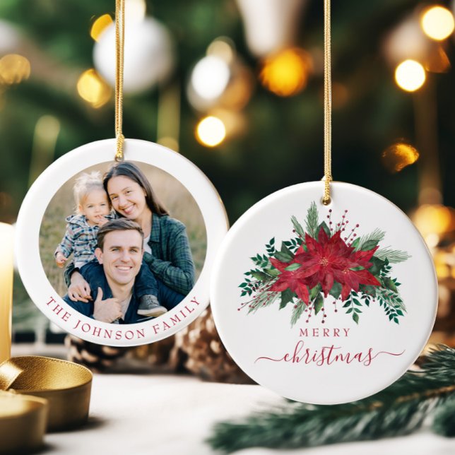 Festive Poinsettia Photo Christmas Ceramic Ornament (Festive Poinsettia Photo Christmas Ceramic Ornament)
