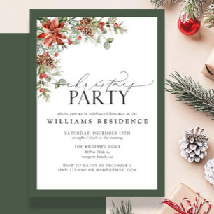 Festive Poinsettia Pine Watercolor Christmas Party Announcement