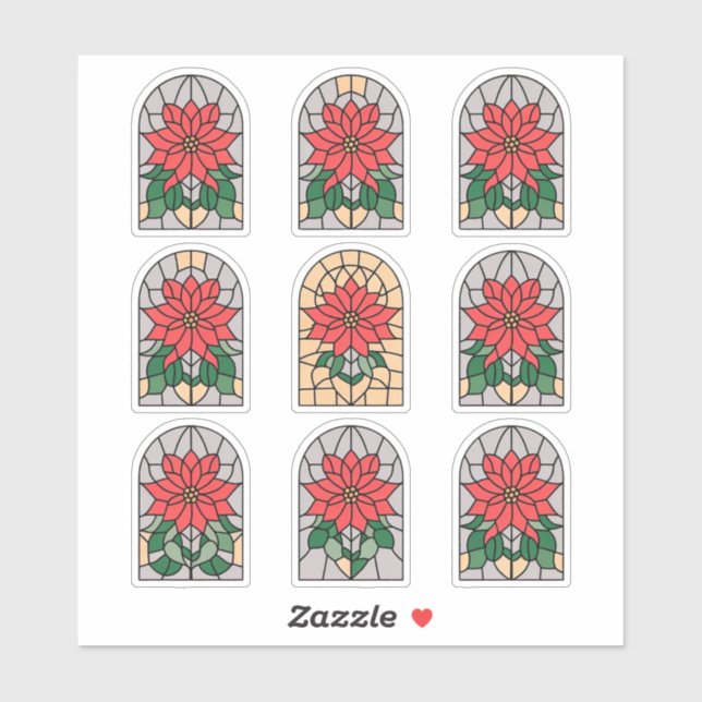 Festive Poinsettia Stained Glass Sticker Sheet (Sheet)