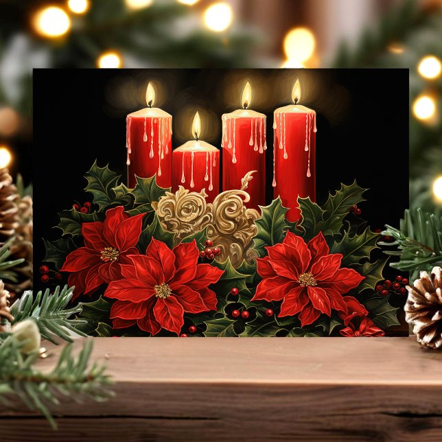 Festive Poinsettias and Candles Christmas  Holiday Card (Creator Uploaded)