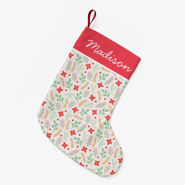 Festive Poinsettias and Foliage Pattern Small Christmas Stocking (Front (Hanging))