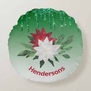 Festive Poinsettias and Green Glitter Drips Round Cushion