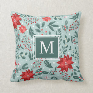 Festive Poinsettias and Holly Berries Monogram Cushion
