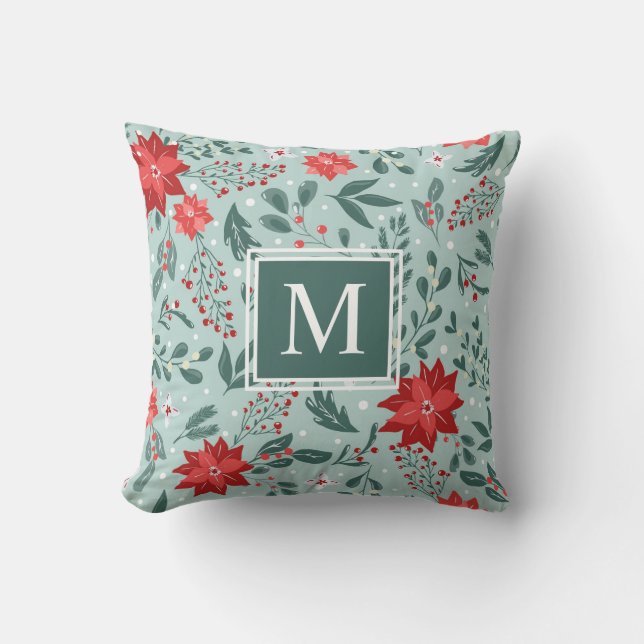 Festive Poinsettias and Holly Berries Monogram  Th Cushion (Front)