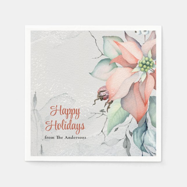 Festive Poinsettias in the Snow Botanical Holiday Napkin (Front)