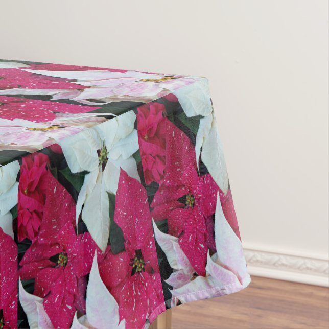 Festive Poinsettias Pattern Holiday Tablecloth (In Situ)
