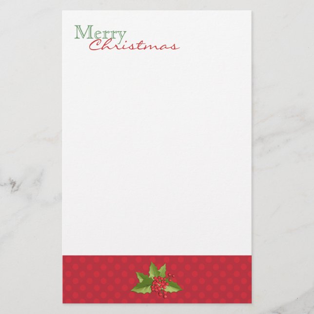 Festive Polka Dots and Holly Christmas Stationery (Front)