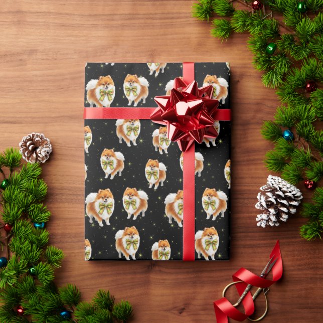 Festive Pomeranian Dog in Bow Tie Black Pattern Wrapping Paper (Holiday Gift)