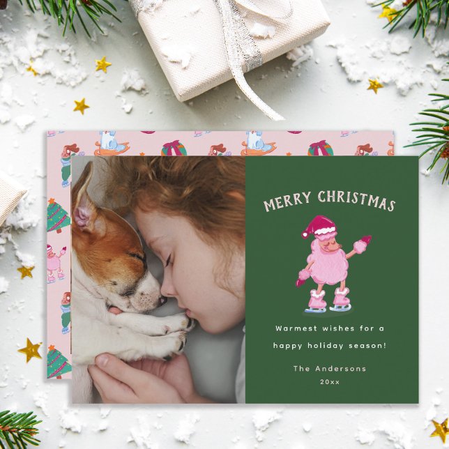 Festive Poodle Ice Skating Green Christmas  Holiday Card (Creator Uploaded)