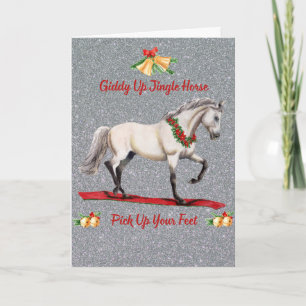Festive Prancing Grey Horse with Red Flower Wreath Card