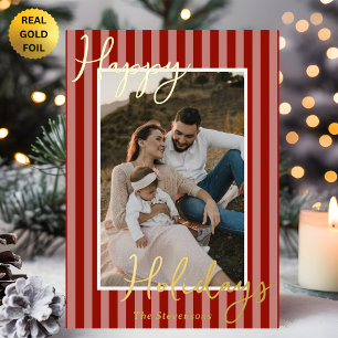 Festive Preppy Red Stripes Photo Christmas Gold  Foil Holiday Card