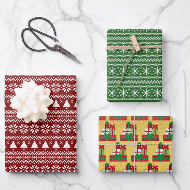 Festive Presents, Christmas Trees and Snowflakes Wrapping Paper Sheet (Front)