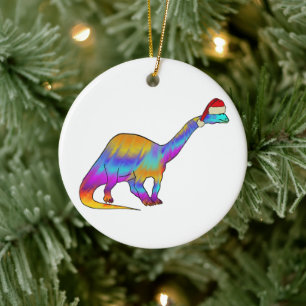 Festive Psychedelic Rainbow Brontosaurus Dinosaur Ceramic Ornament