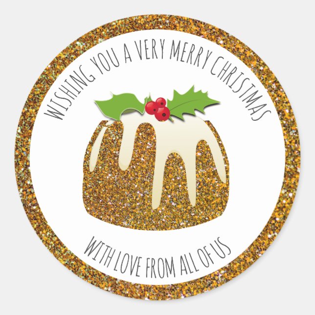 Festive Pudding Gold | GLITTER SPARKLE | Christmas Classic Round Sticker (Front)