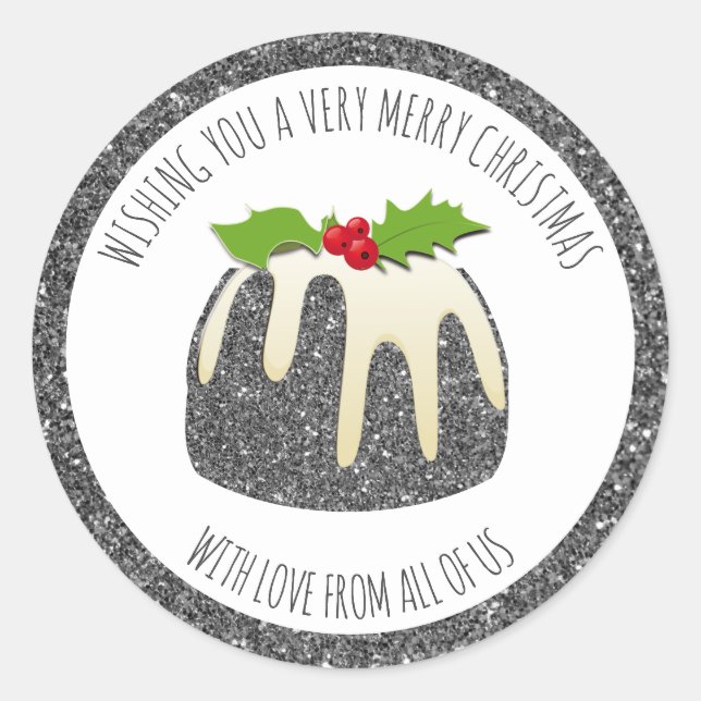 Festive Pudding Silver GLITTER SPARKLE | Christmas Classic Round Sticker (Front)
