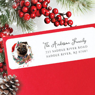 Festive Pug Dog in Santa Hat  Return Address Label