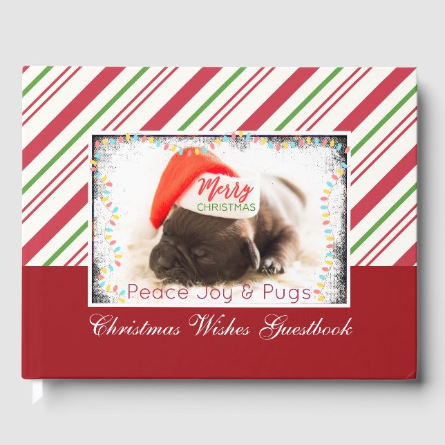 Festive Pug in Red Santa Hat with Christmas Lights Guest Book (Front)