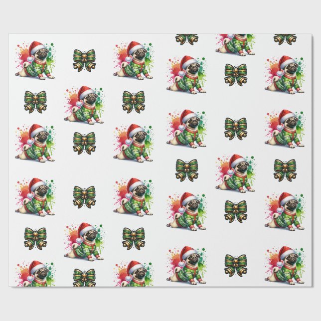 Festive Pug Wrapping Paper – Christmas Dog Delight (Flat)