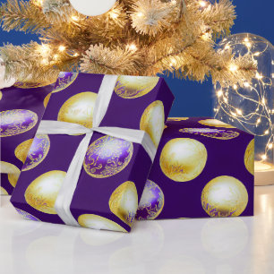 Festive Purple and Gold Christmas Ornaments Wrapping Paper