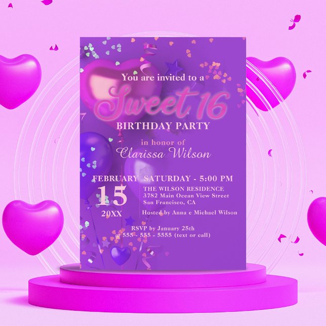 Festive Purple and Pink Balloons Confetti Sweet 16 Invitation (Creator Uploaded)
