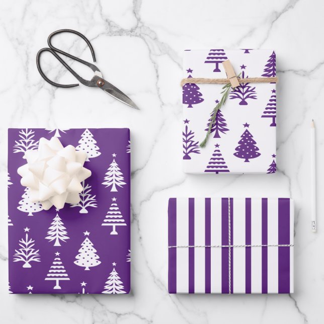 Festive Purple and White Christmas Tree Pattern Wrapping Paper Sheet (Front)