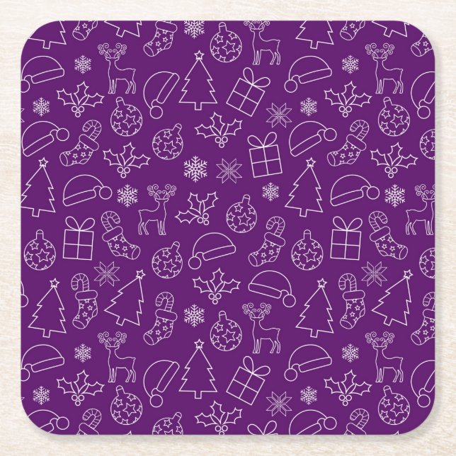 Festive Purple and White Winter Christmas Pattern Square Paper Coaster (Front)