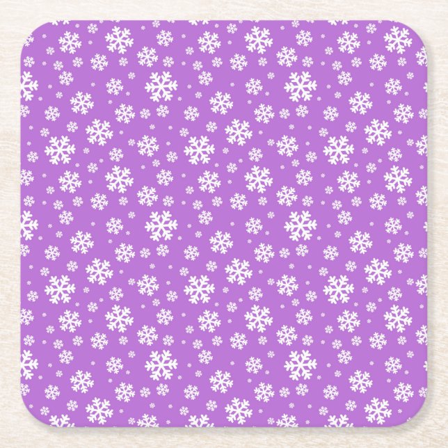 Festive Purple and White Winter Snowflakes Pattern Square Paper Coaster (Front)