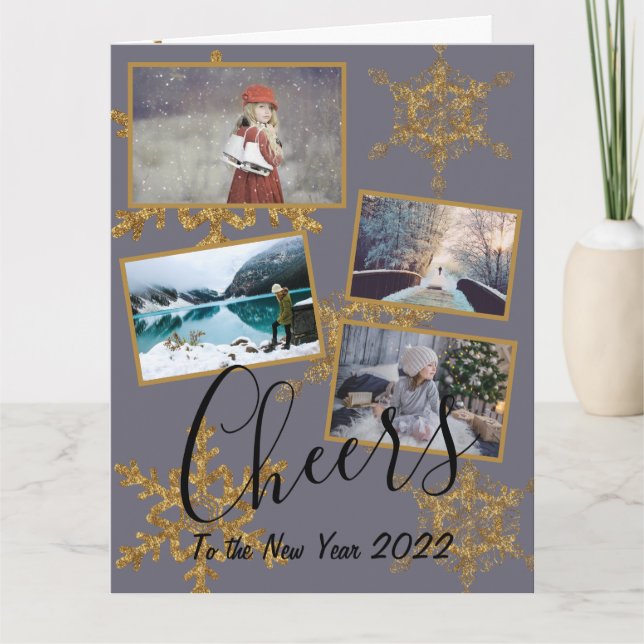 Festive Purple Cheers Golden Snowflake 4 Photos Card (Front)