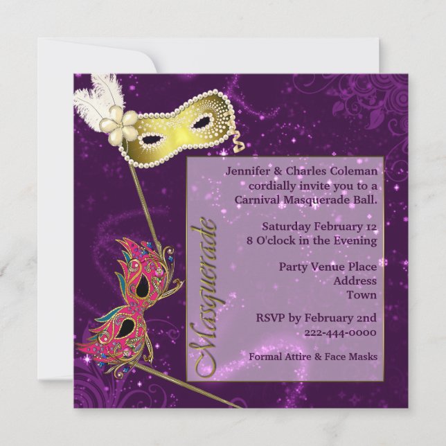 Festive Purple Custom Masquerade Ball Invitation (Front)