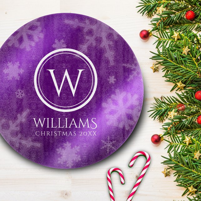 Festive Purple Foil Snowflakes Monogram Name Cutting Board (Creator Uploaded)