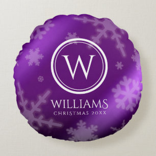 Festive Purple Foil Snowflakes Monogram Name Round Cushion