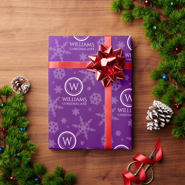 Festive Purple Foil Snowflakes Monogram Name Wrapping Paper (Holiday Gift)