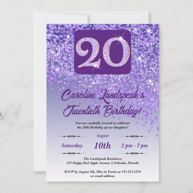 Festive Purple Glitter 20th Birthday Invitation (Front)