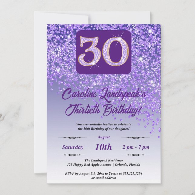 Festive Purple Glitter 30th Birthday Invitation (Front)