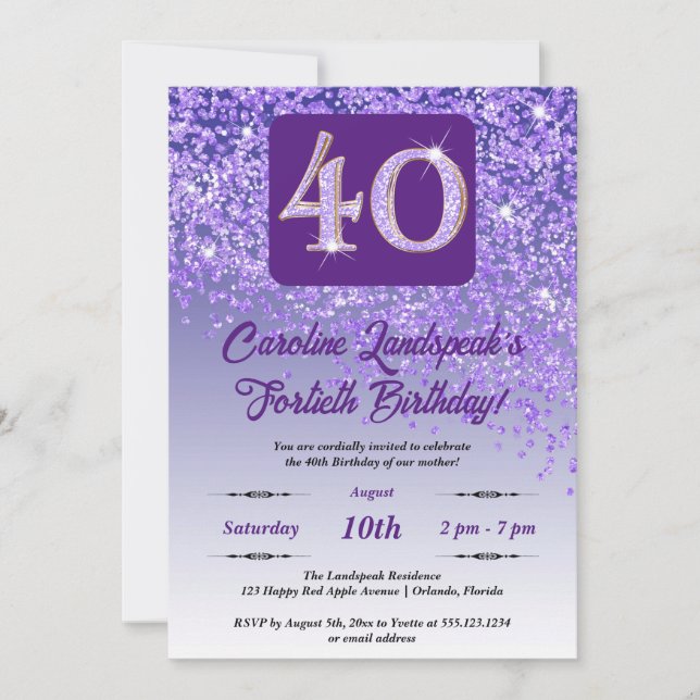 Festive Purple Glitter 40th Birthday Invitation (Front)