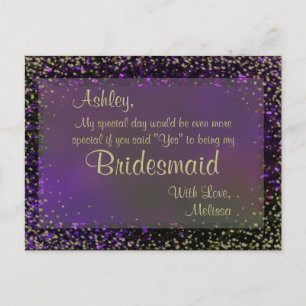 Festive Purple Glow - Will You Be My Bridesmaid? Invitation Postcard