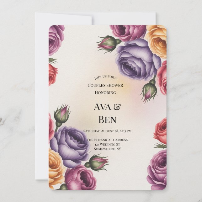 Festive Purple Orange and Red Roses Couples Shower Invitation (Front)