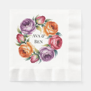 Festive Purple Orange and Red Roses Wedding Napkin