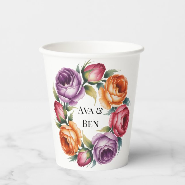 Festive Purple Orange and Red Roses Wedding Paper Cups (Front)