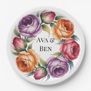 Festive Purple Orange and Red Roses Wedding Paper Plate