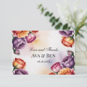 Festive Purple Orange and Red Roses Wedding Thank You Card