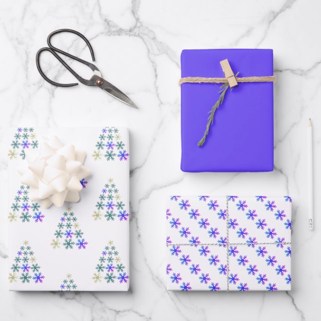 Festive Purple Snowflake Christmas Tree Wrapping Paper Sheet (Front)