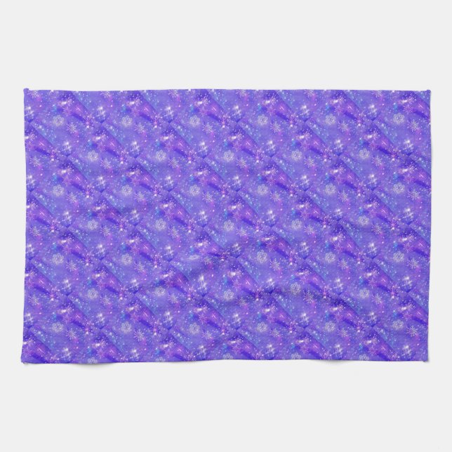Festive Purple Snowflake Stars Christmas Party Tea Towel (Horizontal)