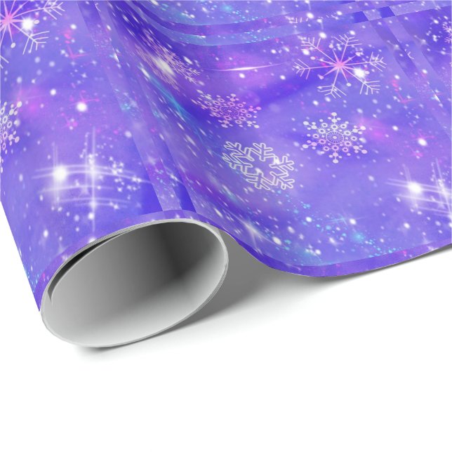 Festive Purple Snowflake Stars Christmas Party Wrapping Paper (Roll Corner)