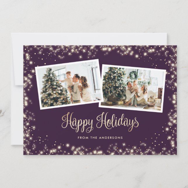 Festive Purple Twinkle Lights Stars Photo Holiday Card (Front)