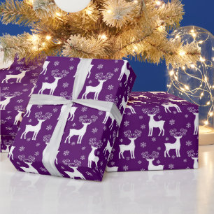 Festive Purple & White Christmas Reindeer Pattern Wrapping Paper