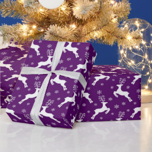 Festive Purple & White Christmas Reindeer Pattern Wrapping Paper