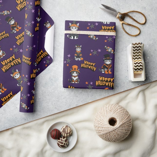 Festive purple Witch Cats in Halloween Disguise Wrapping Paper (Crafts)