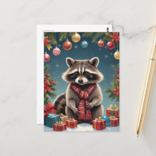Festive Racoon in Christmas Lights Postcard